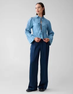 Shoeby Denim Bow Blouse Blauw<DAMES Blouses