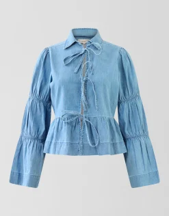 Shoeby Denim Bow Blouse Blauw<DAMES Blouses