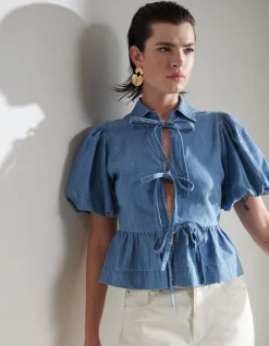 Shoeby Denim Strik Top Blauw<DAMES Tops