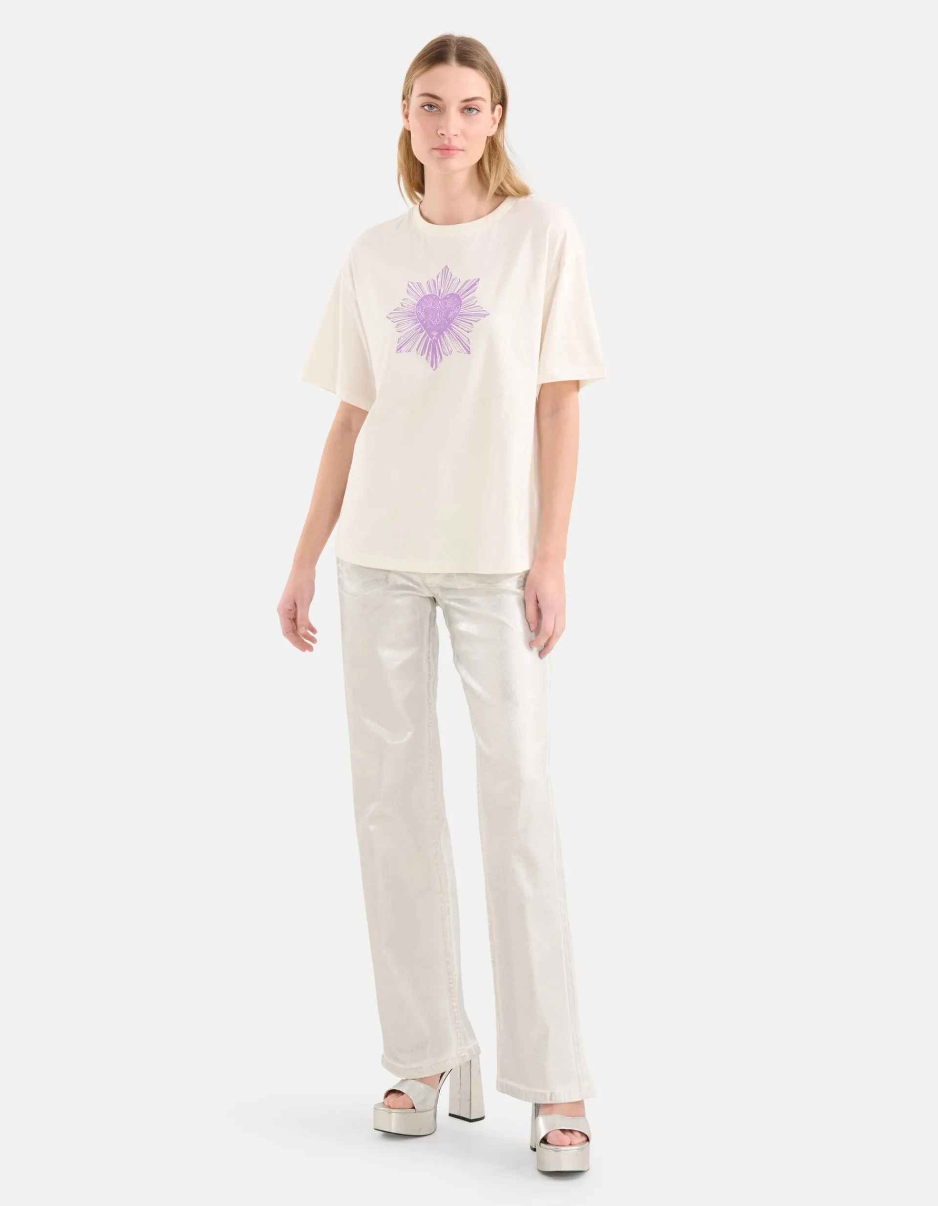 Shoeby Heart Artwork T-shirt Gebroken Wit<DAMES T-Shirts