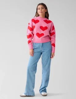 Shoeby Heart Printed Gebreide Trui Roze<DAMES Truien En Sweaters