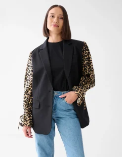 Shoeby Leopard Poplin Sleeve Blazer Zwart<DAMES Blazers