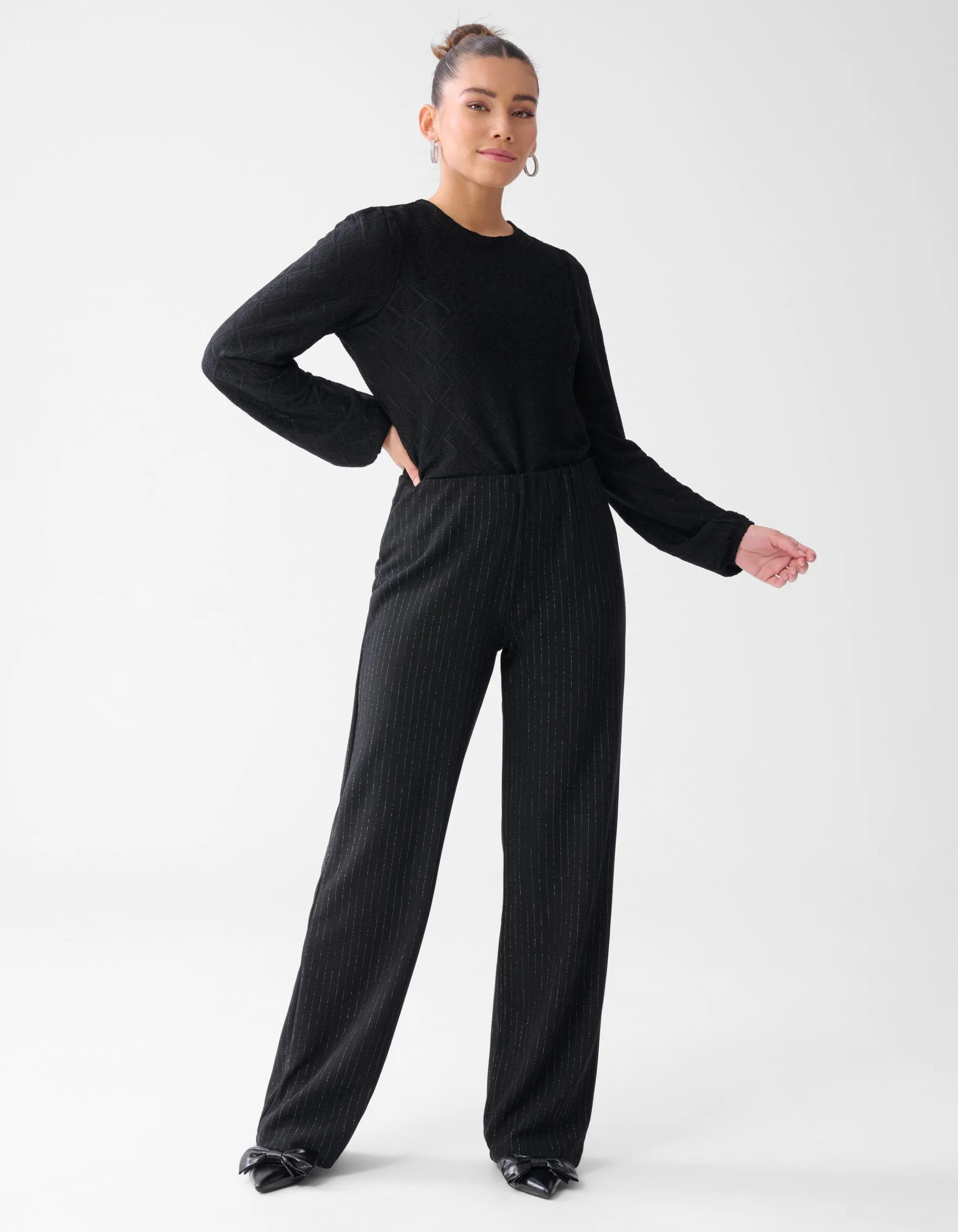 Shoeby Lurex Pinstripe Wide Leg Broek Zwart<DAMES Broeken
