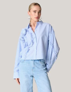 Shoeby Pinstripe Ruffle Blouse Lichtblauw<DAMES Blouses