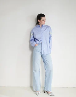 Shoeby Pinstripe Strass Blouse Lichtblauw<DAMES Blouses