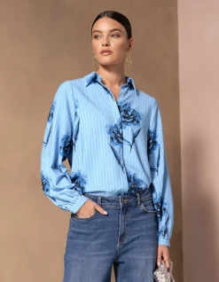 Shoeby Printed Pinstripe Blouse Blauw By Mieke<DAMES Blouses