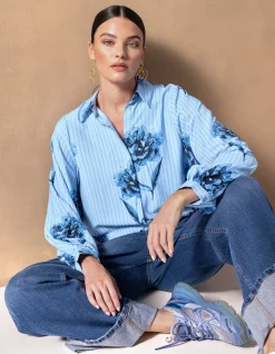 Shoeby Printed Pinstripe Blouse Blauw By Mieke<DAMES Blouses