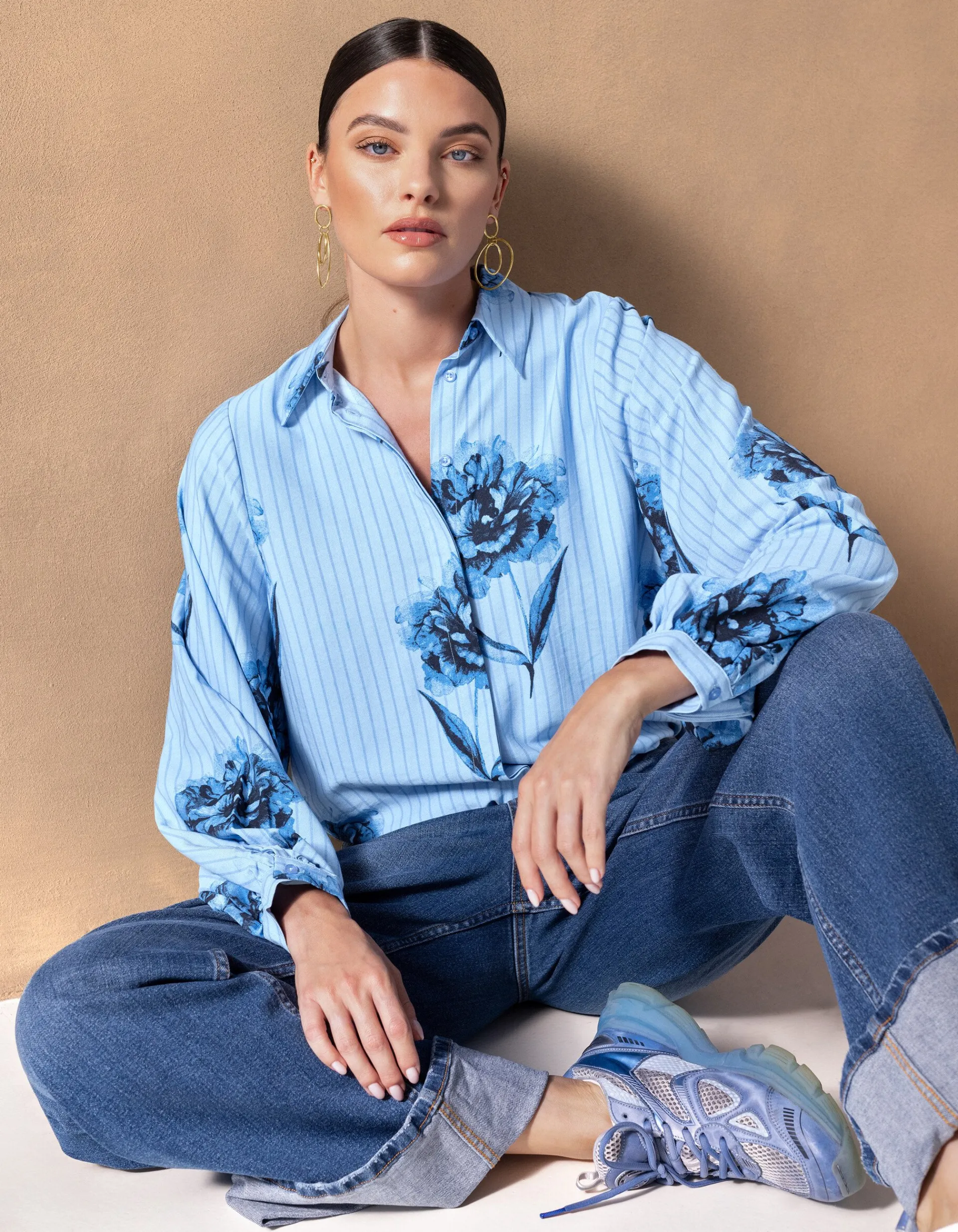 Shoeby Printed Pinstripe Blouse Blauw By Mieke<DAMES Blouses