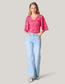Shoeby Printed Rib Jersey Ruffle Top Roze<DAMES Tops