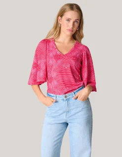 Shoeby Printed Rib Jersey Ruffle Top Roze<DAMES Tops