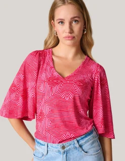 Shoeby Printed Rib Jersey Ruffle Top Roze<DAMES Tops