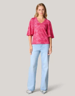 Shoeby Printed Rib Jersey Ruffle Top Roze<DAMES Tops
