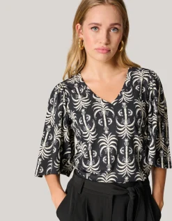 Shoeby Printed Rib Jersey Ruffle Top Zwart<DAMES Tops