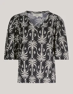Shoeby Printed Rib Jersey Ruffle Top Zwart<DAMES Tops