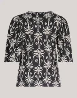 Shoeby Printed Rib Jersey Ruffle Top Zwart<DAMES Tops