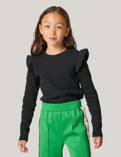 Shoeby Ruffle Rib Longsleeve Top Zwart< Tops Lange Mouw