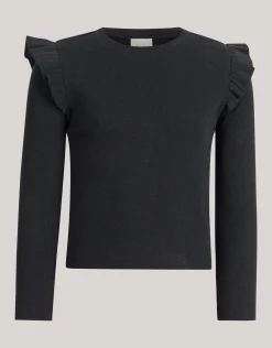 Shoeby Ruffle Rib Longsleeve Top Zwart< Tops Lange Mouw