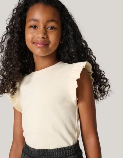 Shoeby Ruffle Rib Top Gebroken Wit< Tops Korte Mouw