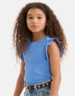 Shoeby Ruffle Rib Top Lichtblauw< Tops Korte Mouw