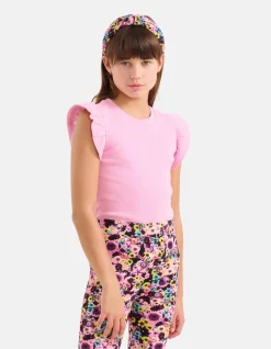 Shoeby Ruffle Rib Top Roze< Tops Korte Mouw