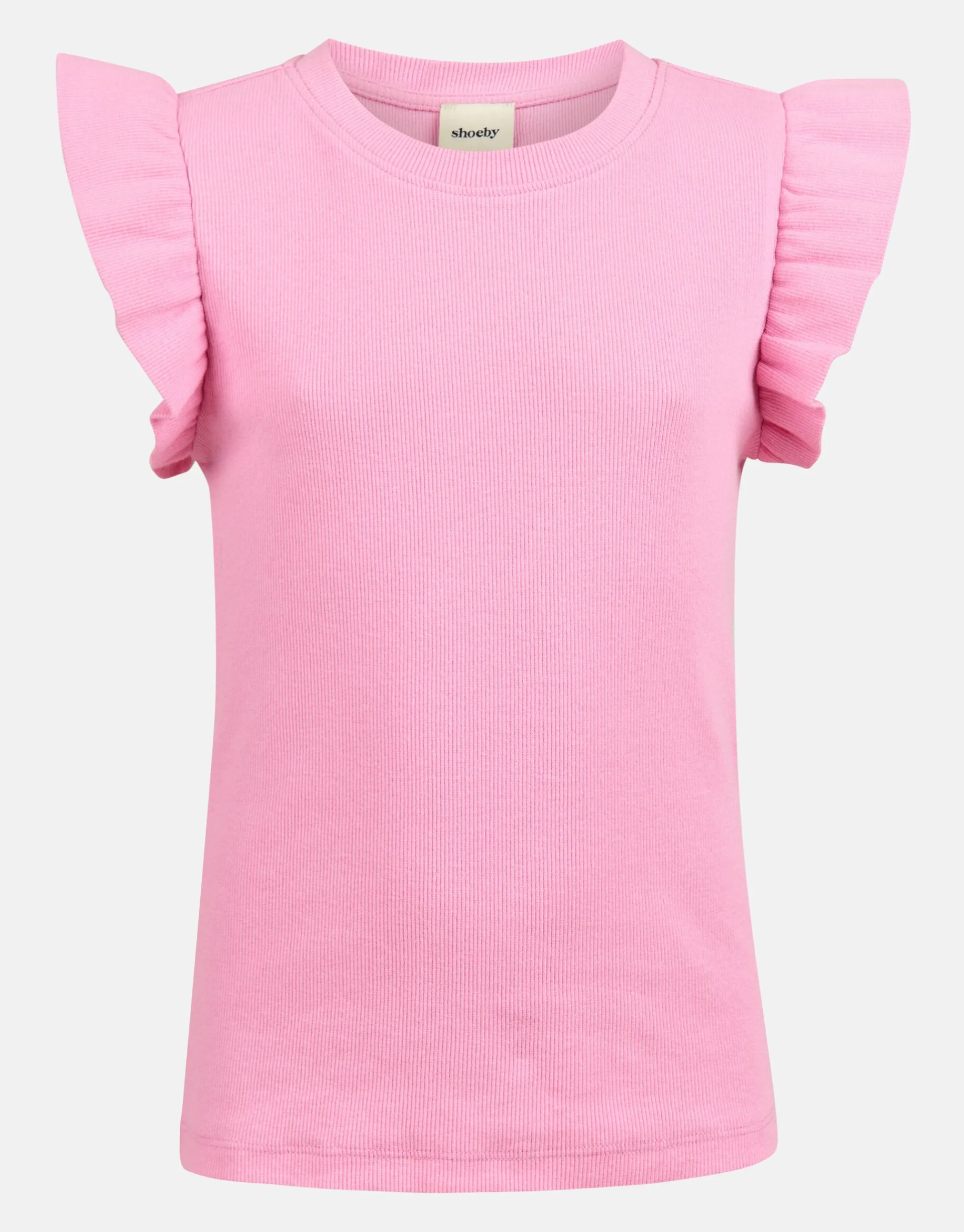 Shoeby Ruffle Rib Top Roze< Tops Korte Mouw