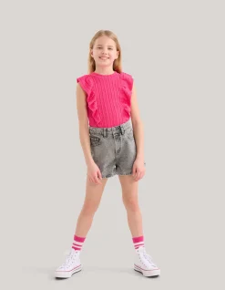 Shoeby Ruffle Rib Top Roze< Tops Korte Mouw