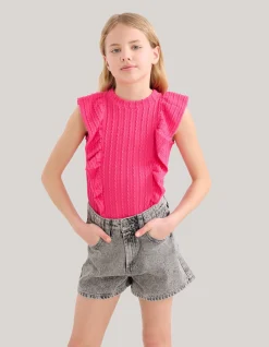 Shoeby Ruffle Rib Top Roze< Tops Korte Mouw