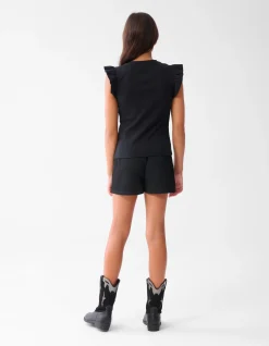 Shoeby Ruffle Rib Top Zwart< Tops Korte Mouw