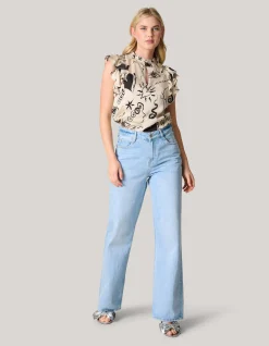 Shoeby Satijnen Printed Ruffle Top Gebroken Wit<DAMES Tops|Blouses