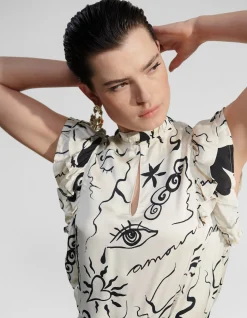 Shoeby Satijnen Printed Ruffle Top Gebroken Wit<DAMES Tops|Blouses