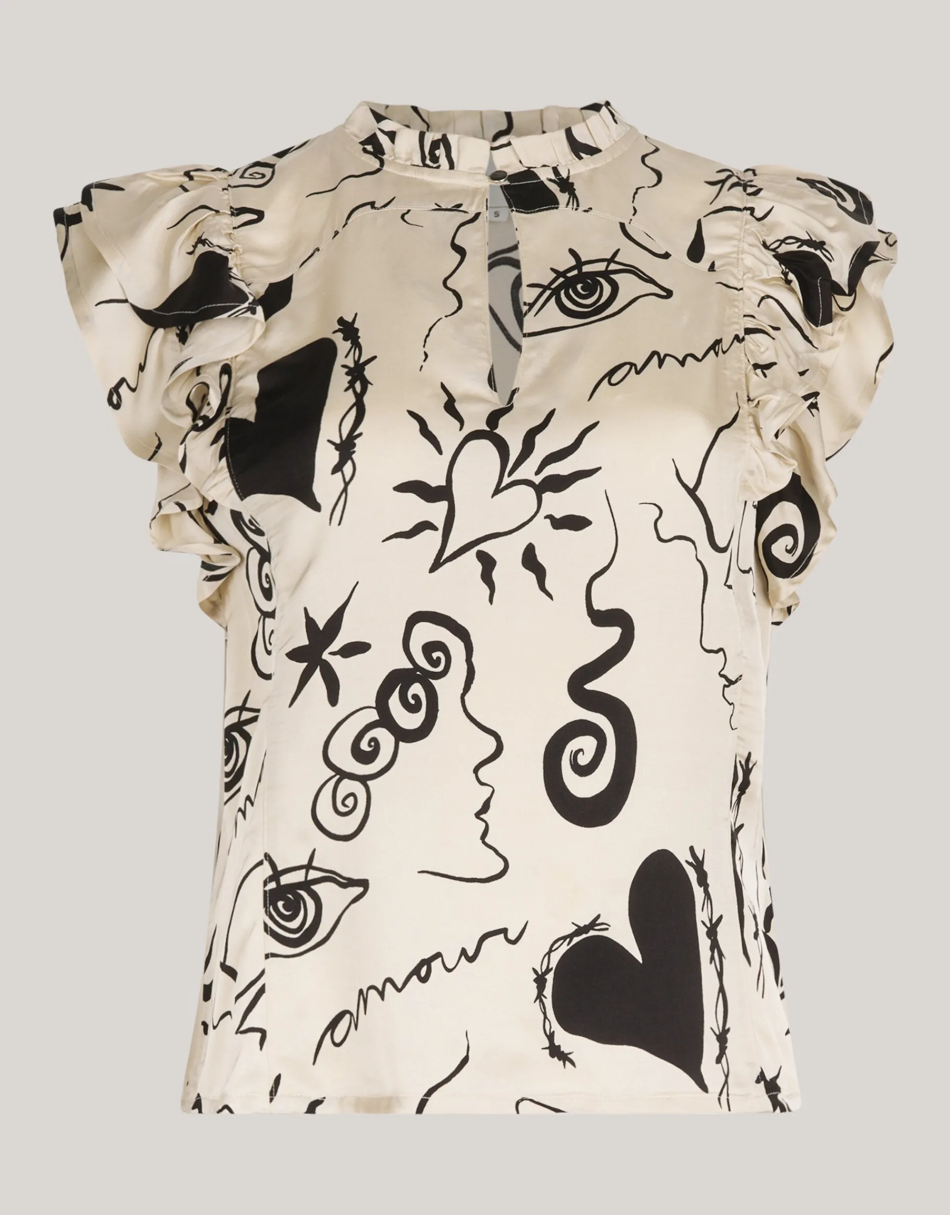 Shoeby Satijnen Printed Ruffle Top Gebroken Wit<DAMES Tops|Blouses