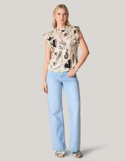 Shoeby Satijnen Printed Ruffle Top Gebroken Wit<DAMES Tops|Blouses