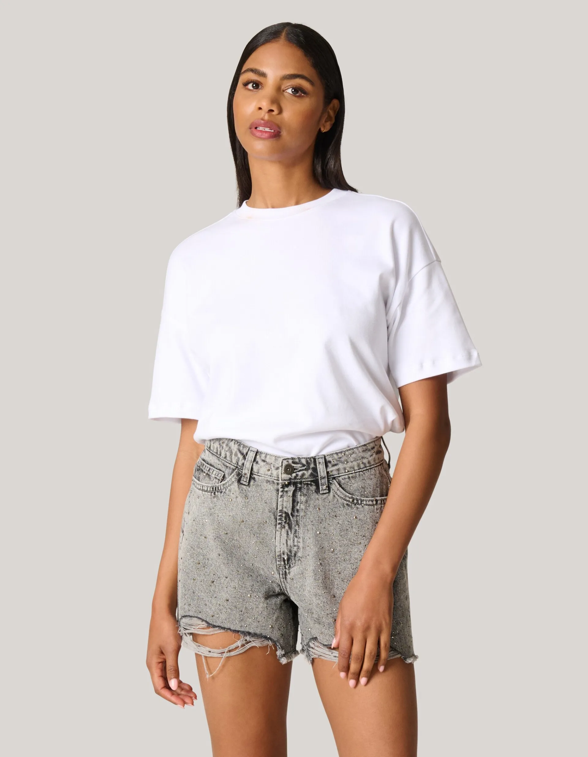 Shoeby Strass Denim Short Lichtgrijs<DAMES Shorts