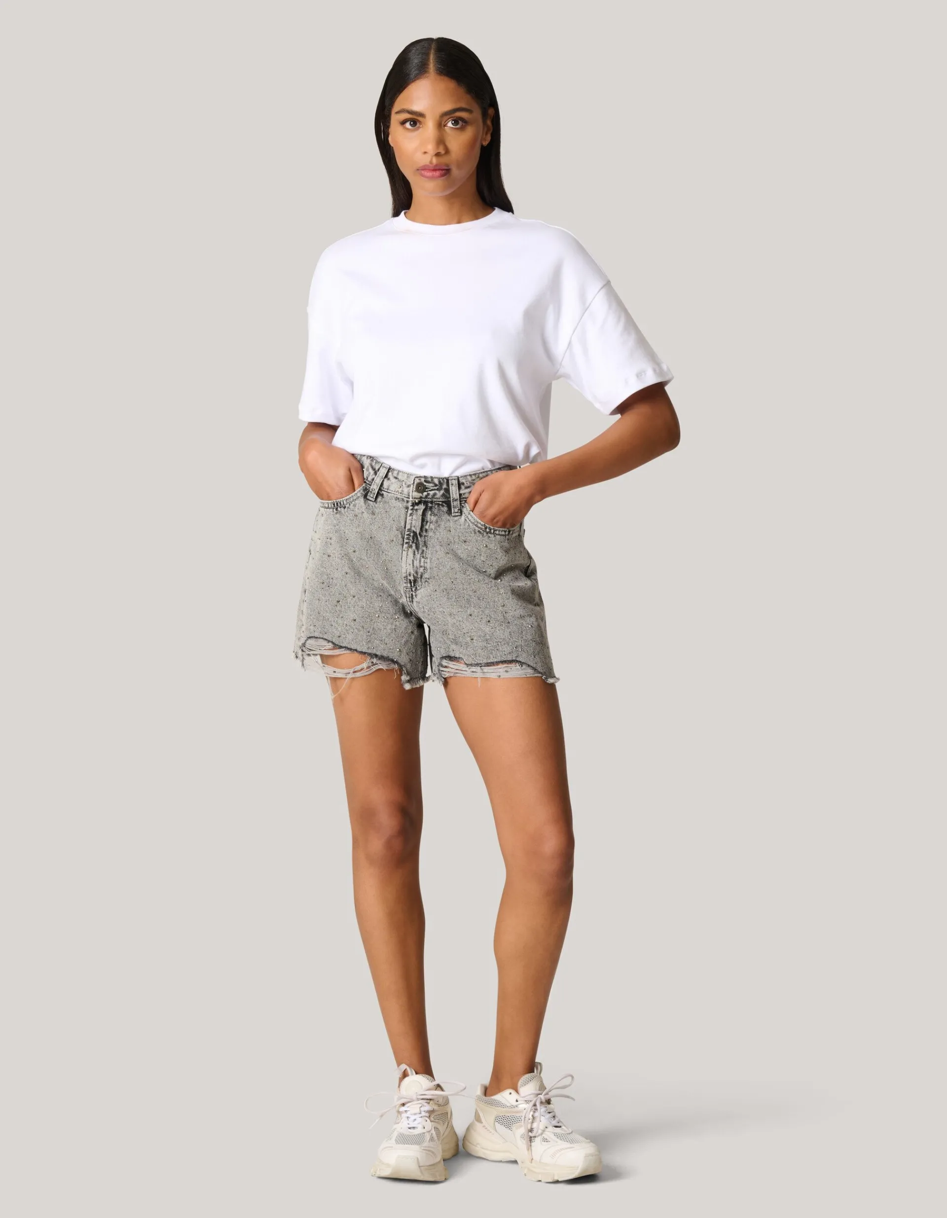 Shoeby Strass Denim Short Lichtgrijs<DAMES Shorts