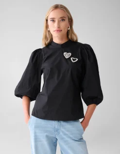 Shoeby Strass Heart Poplin Blouse Zwart<DAMES Blouses