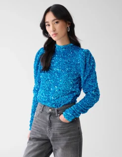 Shoeby Velvet Pailletten Top Blauw<DAMES Tops