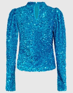 Shoeby Velvet Pailletten Top Blauw<DAMES Tops