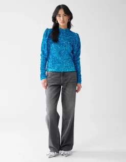 Shoeby Velvet Pailletten Top Blauw<DAMES Tops