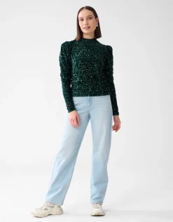 Shoeby Velvet Pailletten Top Donkergroen<DAMES Tops