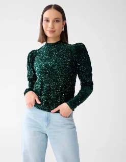 Shoeby Velvet Pailletten Top Donkergroen<DAMES Tops
