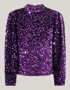 Shoeby Velvet Pailletten Top Paars< Tops Lange Mouw